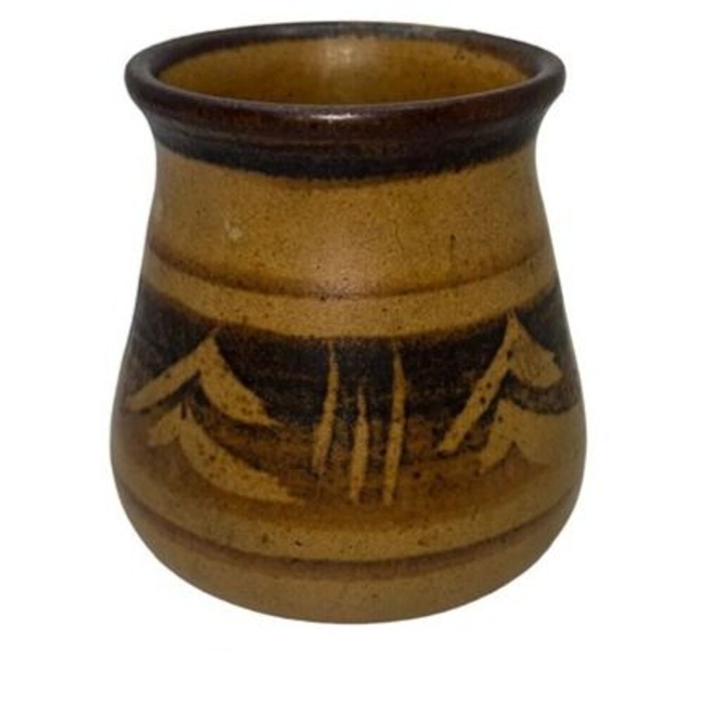 Vintage Mid-Century Brown Artist Signed Tribal Stoneware Pottery Vase 4"